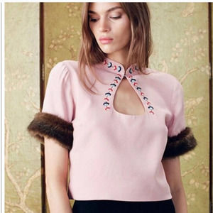 STAUD Astrid Faux Fur Trimmed Top Size Large